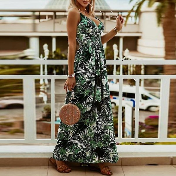 Naisten hihaton boho-kukkakuvioinen slip dress, V-aukkoinen maksimekko naisille loma- ja rantakäyttöön Green XL