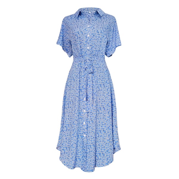 Blommig klänning med knapp för kvinnor Kortärmad sommar midja slimmad klänning för kvinnor semester utomhuskläder Blue XL