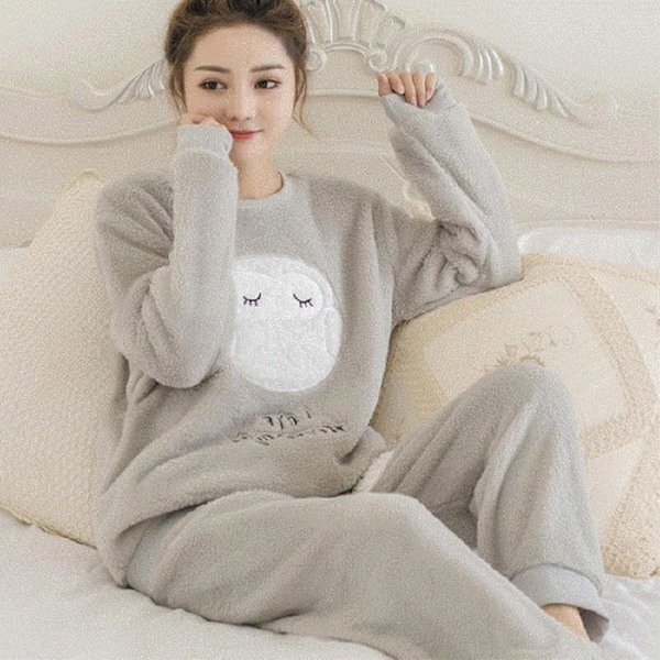 Dam Vinter Flanell Pyjamas Set Söta Tryckta Mjuka Långärmade Topp Och Byxor Loungewear För Kvinnor Flickor Nattkläder Grey Owl L