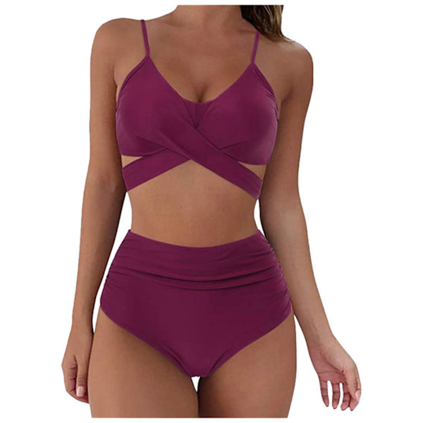Omlott Bikini Set för Kvinnor Högmidjade 2-delade Baddräkter Purple M