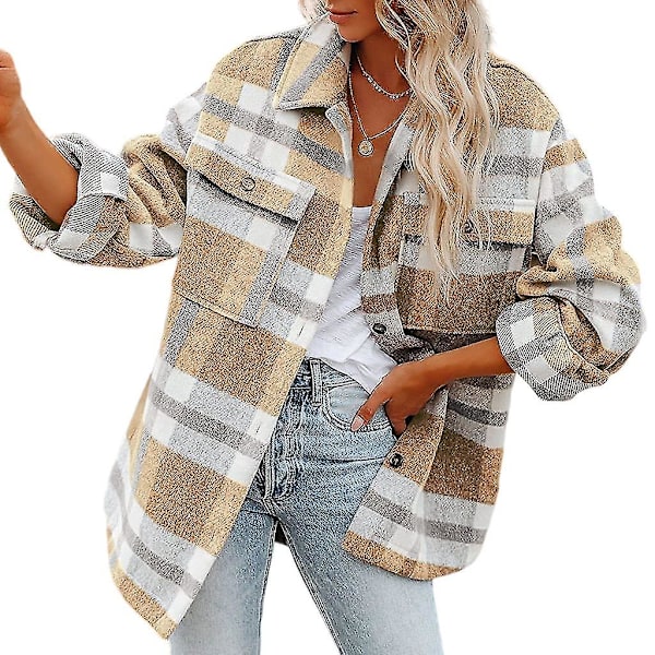 Dame Rutete Ullblanding Langermet Skjortejakke Shackets Brown L