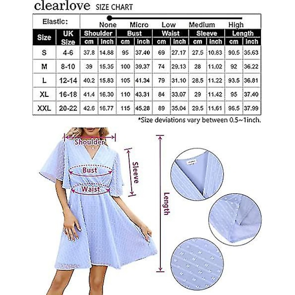 Sommer Casual Kjole til Kvinder V-Hals Flæseærme Kjole Tunika Flæse Mini Kjole Light Blue S