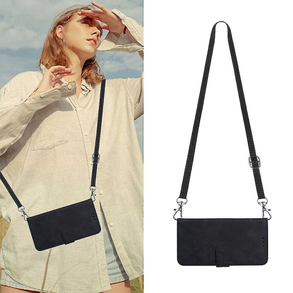Fodral för iPhone SE 2020/ 8/ 7 Crossbody Plånboksfodral, Justerbar Avtagbar Snodd Halsrem med Ställ Läder Korthållare Skyddande Skal black