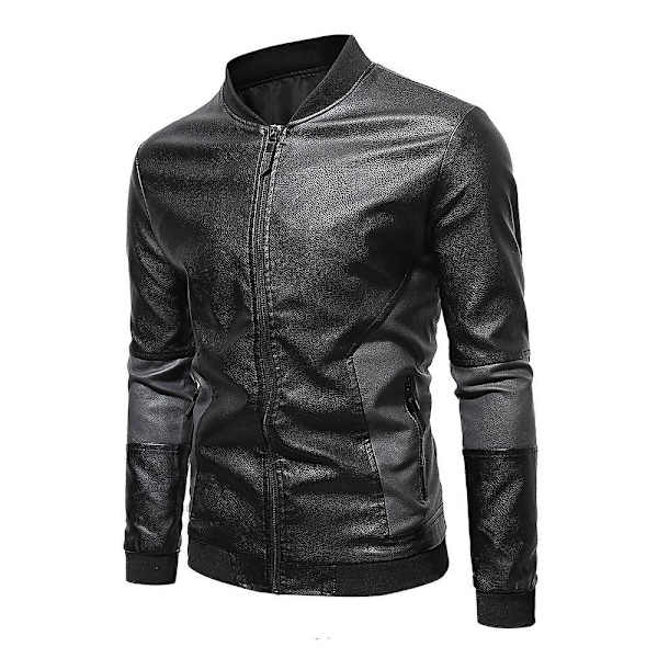 Herr Patchwork Ståkrage Läder Bikerjacka Slim Fit Casual Dragkedja Kappa Ytterkläder Black 5XL