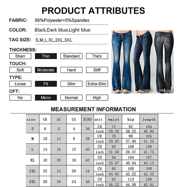 Låg midja utsvängda jeans för kvinnor lösa jeansbyxor med vida ben Causal Button Up Bell Bottom jeans Slim Fit Hellängd Dambyxor Black M