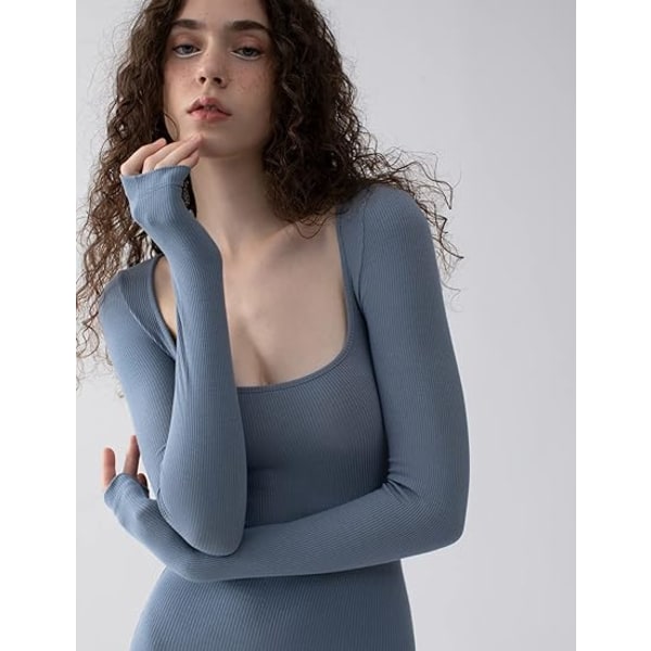 Kvinnors fyrkantig hals långärmad Maxiklänning Soft Lounge Ribbed Bodycon Klänningar för kvinnor blå XS blue xs