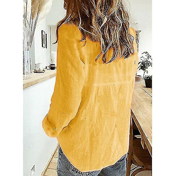 Dam V-ringad T-shirt Långärmad Knäppning Blusar Toppar Yellow M