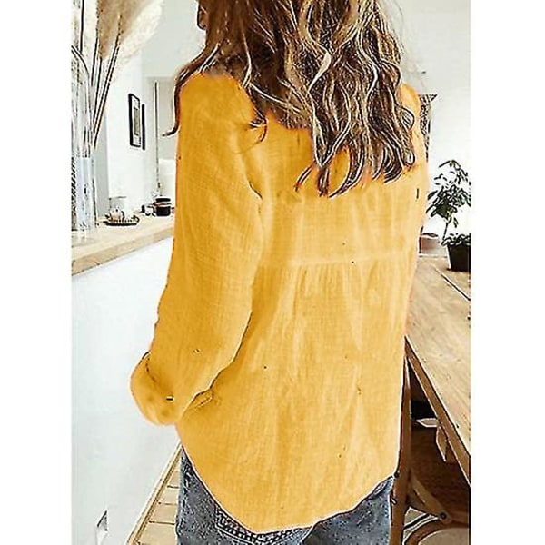 Dame V-hals T-skjorte Langermet Bluse med Knapper Yellow S