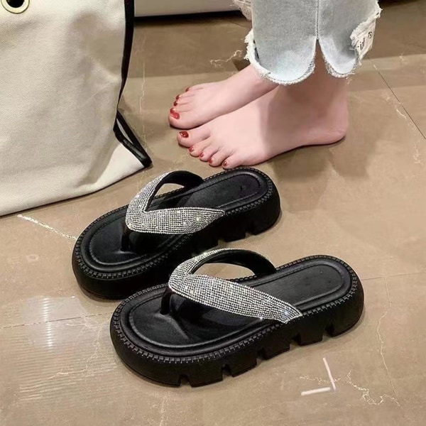 Flip-flops med strass för dam, mellanhög plattform, bling, bekväma flip-flops för strandbröllop sommar Flip Flops Black 38-39