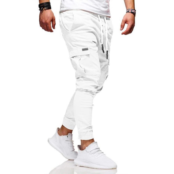Herre Ensfarvede Cargo Combat Lange Joggingbukser Sports Gym Casual Bukser med Snøre White M