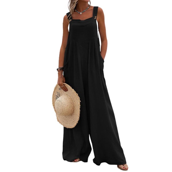 Kvinnors sommar baggy vida ben dungarees ärmlös jumpsuit hängslen långa byxor romper Black M