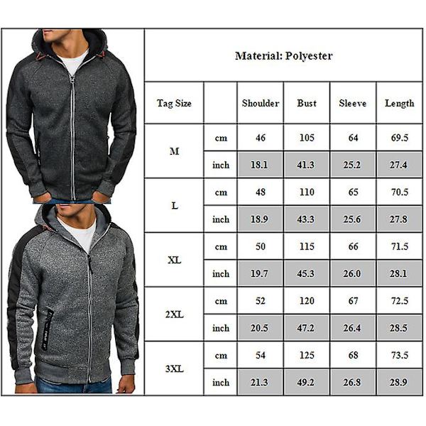 Herre Colorblock Langermet Hettegenser Sport Fritid Glidelås Hettejakke Yttertøy Med Lommer Light Grey 2XL