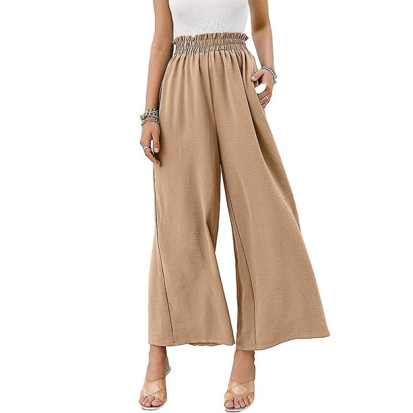 Dame Ensfarvede Elastiske Højtaljede Løse Cropped Bukser Bred Ben Casual Lange Bukser Khaki XL