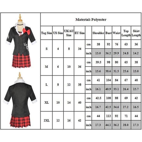 Danganronpa Junko Enoshima Cosplay Kostym Outfits Uniform Jacka Skjorta Slips Kjol Rosett Halsband Set Karneval Fest Fancy Dress XL