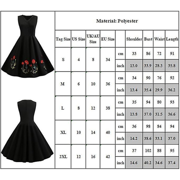 Kirjailtu V-aukkoinen vintage 50-luvun 60-luvun Rockabilly Iltapuku Swing Mekko Midimekko XL