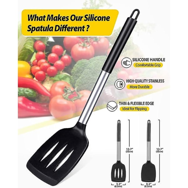 2-pack silikon stekspade, non-stick slitsad köksspatel, hög värmebeständig BPA-fri matlagningsspatel, idealisk köksutrustning för fisk, ägg, pannkakor black