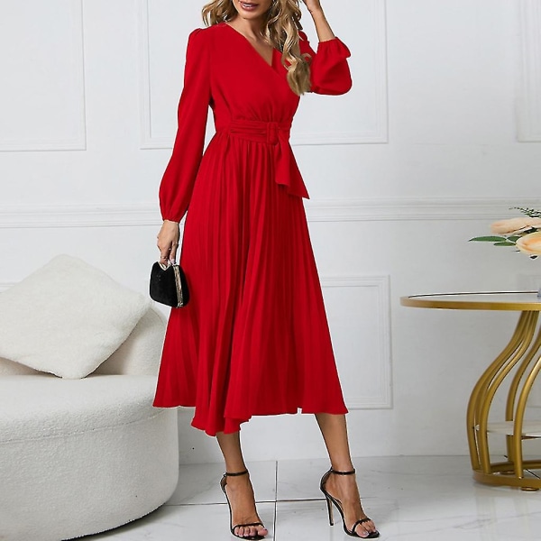 Elegant Dame Langærmet Midi Kjole Med Bælte Fest Bryllupsgæst Kontorkjoler Red S
