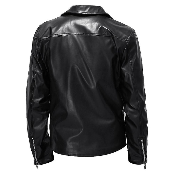 Män Lapel Långärmad Motorcykel Faux Läder Jacka Slim Coat Black XL