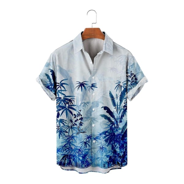 Herre Revers Brystlomme Hawaiiansk Print Løs Kortærmet Skjorte Blue XXXL