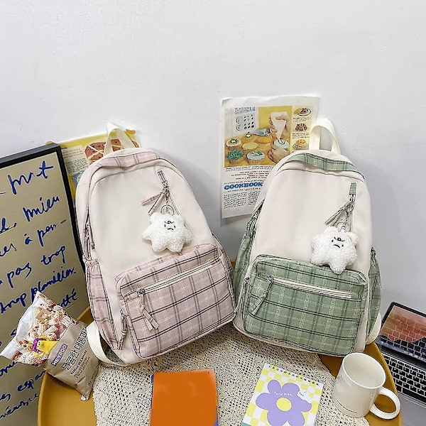 Kawaii Ryggsäck Med Hänge Söt Ryggsäck Rutig Estetisk Ryggsäck Skolväska För Flickor Tonåringar Tillbaka Till Skolan Ryggsäckar Khaki