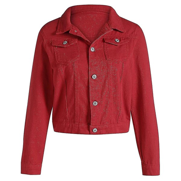 Dame Solid Denim Jakke Langærmet Ming Cardigan Suit Lomme Frakke Top Red L