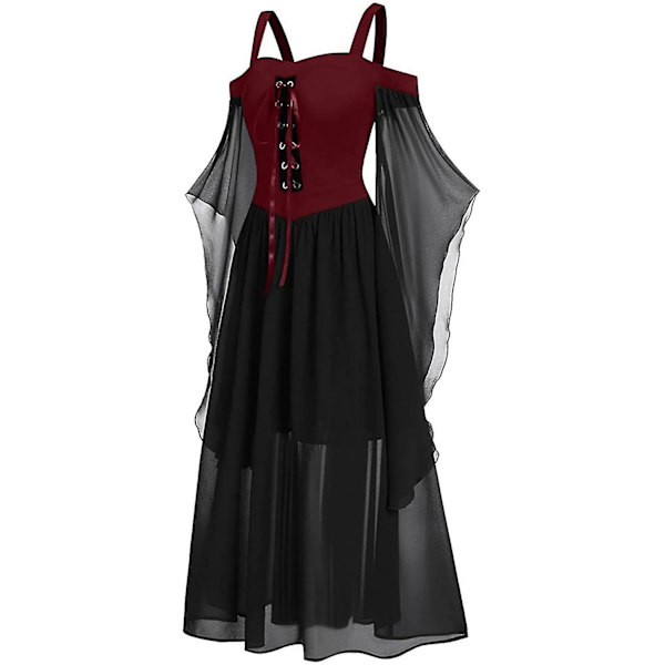 Maxikjole med sommerfugleærmer til kvinder, middelalder punk gotisk tøj, sexet Halloween kostume, kjoler med kolde skuldre og korset C-wine Large