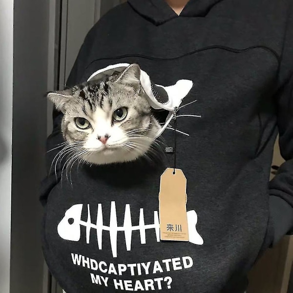 Genser for katteelskere - Hettegenser med kengurulomme for hund, kjæledyr, poter, kosepose, lomme, dyreører, hette, høy kvalitet Light Gray 2XL