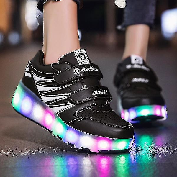 Led Light Up Roller Shoes Dubbelhjul USB Laddningsbara Skridskor Svart/Rosa Black 28