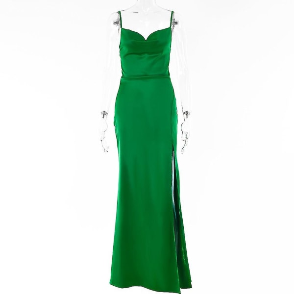 Kvinnors hängslen rygglös slits lång kjol aftonklänning grön L