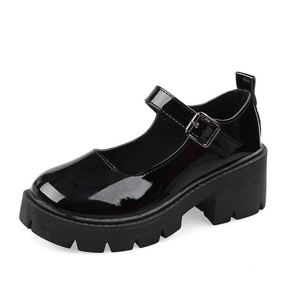 Dame Spænde Lædersko Høj Hæl Slidstærke Sko med Rund Snude til Hverdagsbrug 38 Bright Leather Black