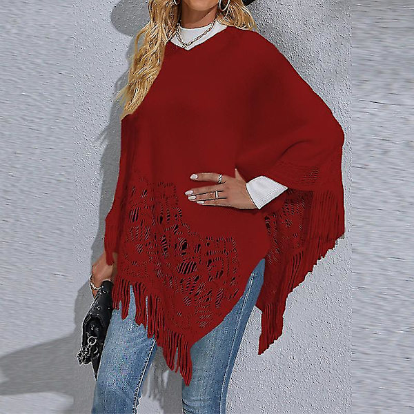 Dam Långärmad Poncho Tröja Ledig Arbets Pullover Cape Vinter Varm Stickad Kappa Red L