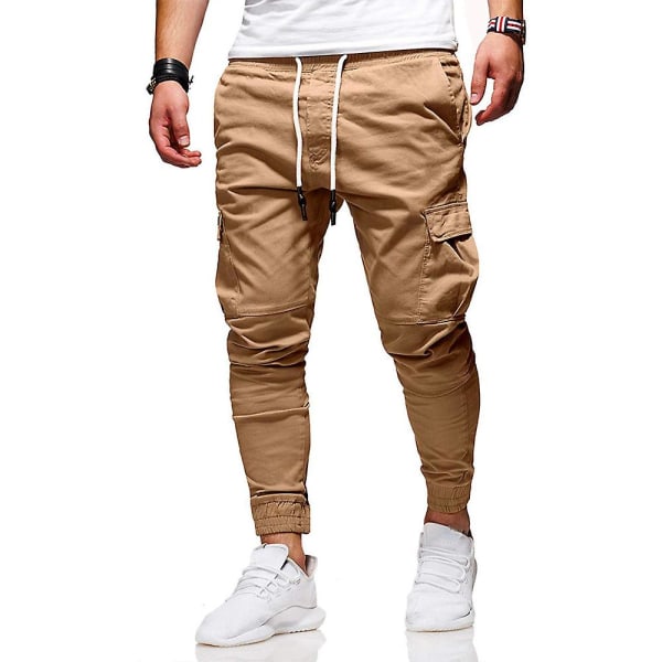 Herr Enfärgad Dragsko Cargo Combat Långa Joggingbyxor Sport Gym Casual Byxor Khaki L