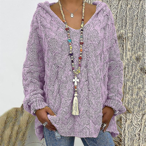 Dame Langærmet Strikkede Sweatre Arbejde Hættetrøjer Vinter Varm Hættetrøje Sweater Violet M