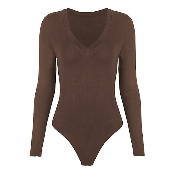 Dam V-ringad Långärmad Basic Topp Body Leotard Coffee S