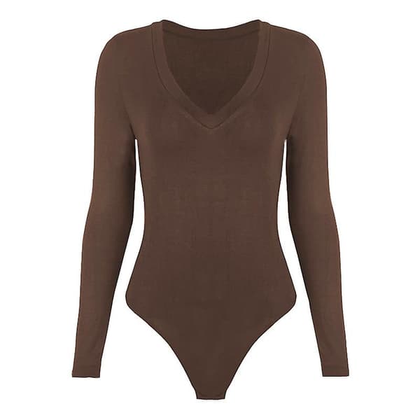 Dame V-hals Langærmet Basic Top Body Leotard Coffee S