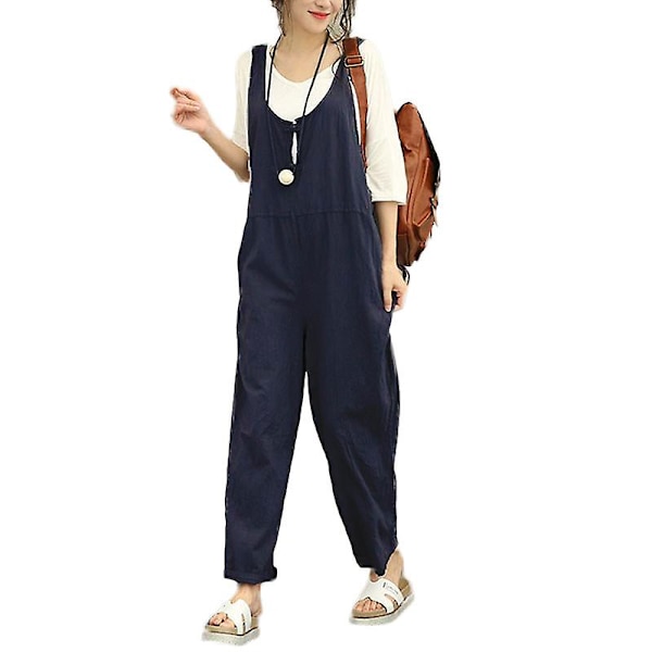 Dam Casual Solid Jumpsuit Lös Baggy Linnebyxor Playsuit Overaller Romper Blue 2XL