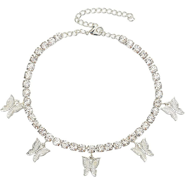 Sommerfugle ankelkæde til kvinder og teenagere, 18k guld / hvidguld belagt rhinestone indlagt kæde tennis ankelarmbånd med forlængelse hvid - White 5 x 5 x 0.5 inches