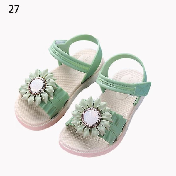 Flicksandaler med öppen tå för flickor, prästkrageblomma, sommarskor för stranden med PVC-sula, halkfria Green 27
