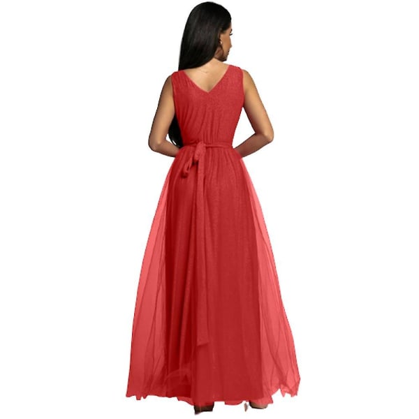 Dame V-hals Brudepige Bryllup Maxi Kjole Dame Galla Balkjole Aften Cocktail Party Slids Lange Kjoler Bedste Gave Red XL
