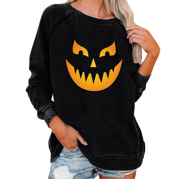 Halloween Kvinnor Casual Sweatshirt Smile Pumpkin Ghost printed Crew Neck Pullover Baggy Tops Black 3XL