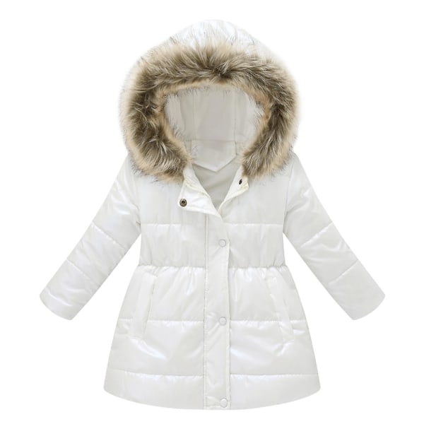 Vinterjakke for jenter, lys og skinnende farge, mellomlang kåpe med hette White 110cm