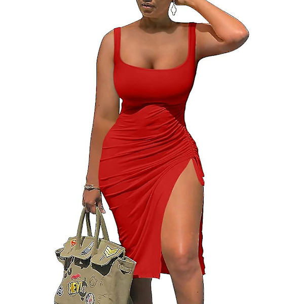 Dame Sommer Ærmeløs Side Slids Bodycon Rynket Midi Tank S-2xl X Style1 M