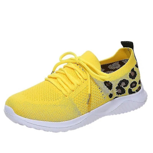 Dam Snörskor Casual Skor Andningsbara Flygande Vävda Leopard Sportskor Yellow 42