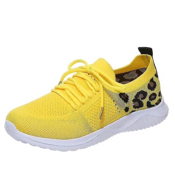 Dame Snøresko Sneakers Casual Sko Åndbare Flyvende Vævede Leopard Sportssko Yellow 38