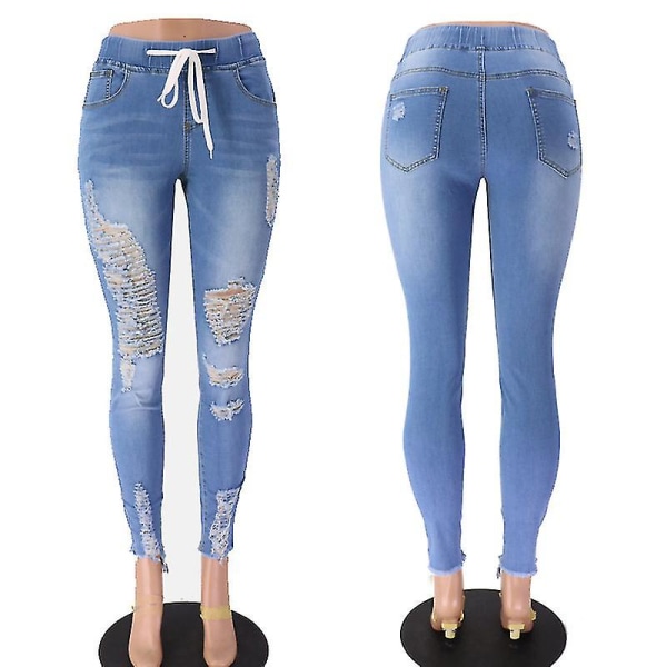 Slitna skinny-jeans för kvinnor med casual stretch-byxor Smal förstörd jean med hål light blue 2XL