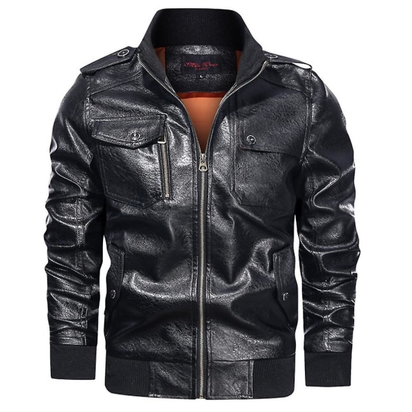 Män Faux Leather Motorcykel Zip Jacket Military Biker Coat Ytterkläder Black 2XL