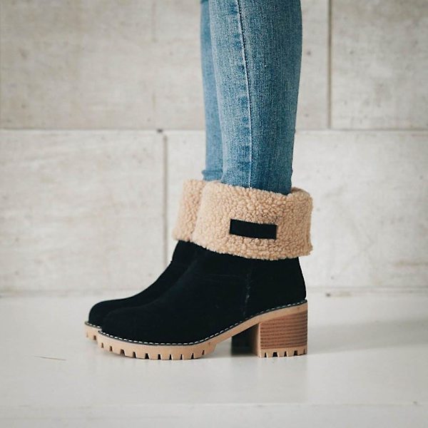 Dame Vinterstøvler Korte Sne Flock Varme Støvletter Sko Slip On Korte Ankel Chunky Hæl Støvler Black 41