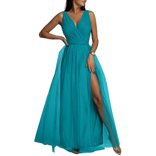 Dame V-hals Brudepige Bryllup Maxi Kjole Dame Galla Balkjole Aften Cocktail Party Slids Lange Kjoler Bedste Gave Blue M