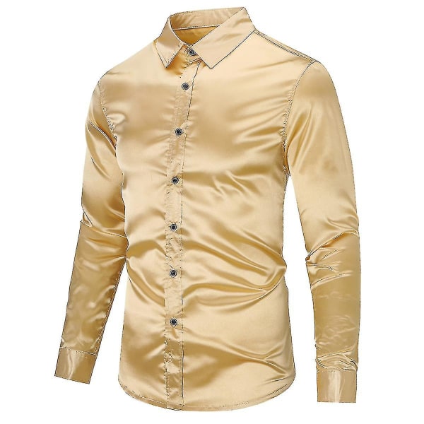 Herrkläder Casual Fashion Shiny Långärmad Slim-fit Formell Skjorta Golden XS