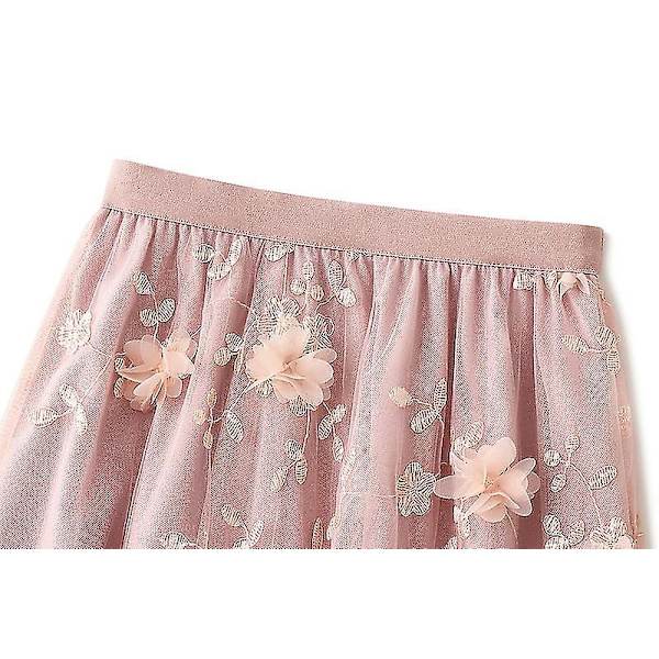 Kvinnors Mesh Broderi Halvlång Kjol Garn Kjolar A-linje Konst Hög Midja Lång Kjol pink
